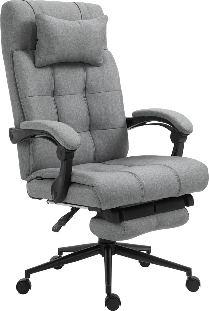 Vinsetto Ergonomikus Irodai Szék Dönthető Funkcióval, Fejtámlával, Karfával, Magasságban Állítható Forgószék Lábpihenővel, Vászon Hatású Világosszürke