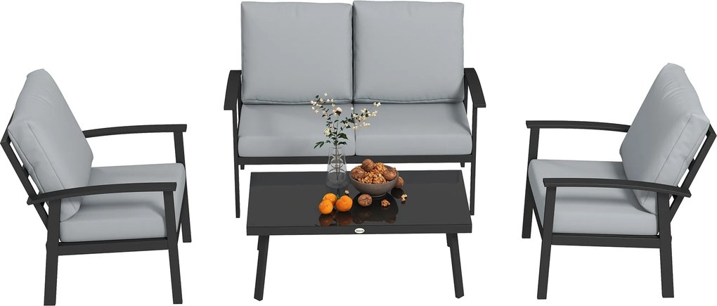 Outsunny 4 darabos Alumínium Kerti Lounge Szett, Kültéri 2 személyes Kanapé, 2 Karosszék és Üveg Kávézóasztal Leválasztható Párnákkal, Sötét Szürke |