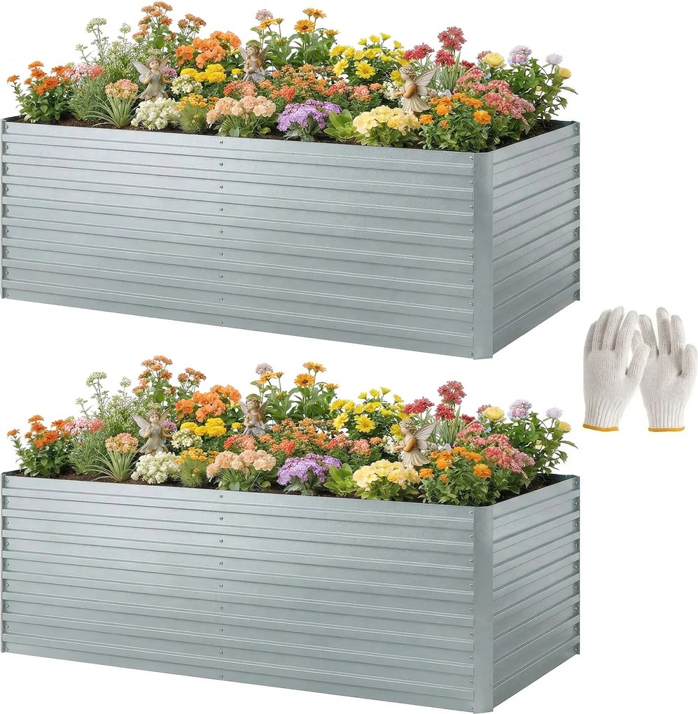 Outsunny 2 db horganyzott acél magaságy 180 × 90 × 60 cm — mély, négyszögletes, nyitott aljú virágládák támasztórudakkal, kesztyűvel — ezüst | Aosom