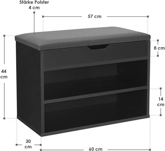 Cipőszekrény zsanéros fedél/párnázott ülőfelület 60×30×45 cm