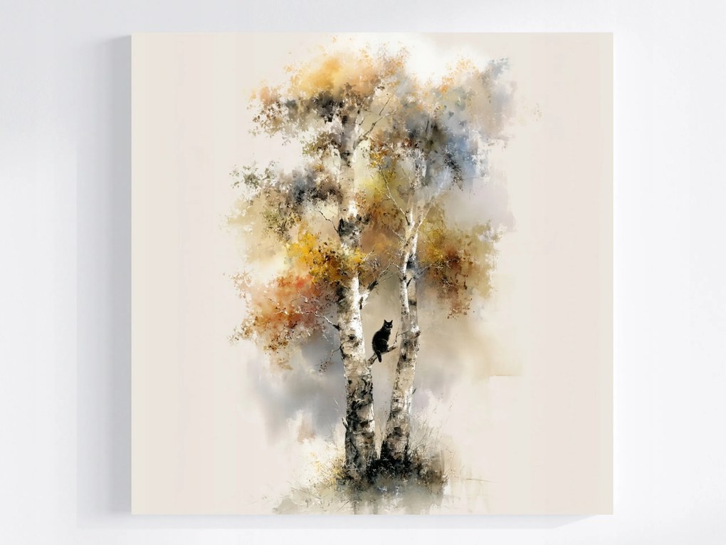 Canvas Vászonkép Természet Fa Ősz Nyírfa Fekete Macska 80x80