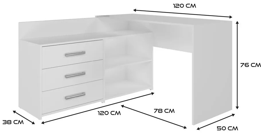 Dany sarok íróasztal polccal, tárolóval, fehér