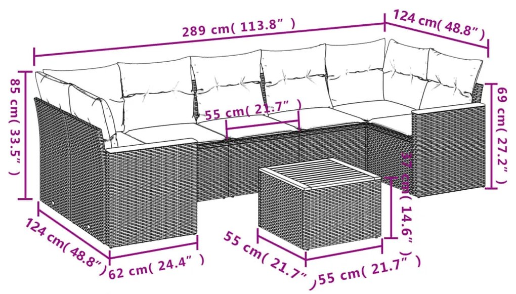 8 részes bézs polyrattan kerti ülőgarnitúra párnával