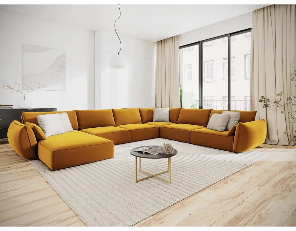 Mustársárga bársony sarokkanapé (jobb oldali-U alakú) Vanda – Mazzini Sofas