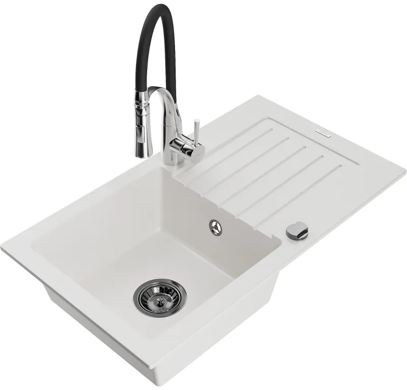 Mexen Pablo, 1 kamrás gránit mosogató 752x436x161 mm és Aster mosogató csaptelep, fehér, 6510-20-73450-07-B