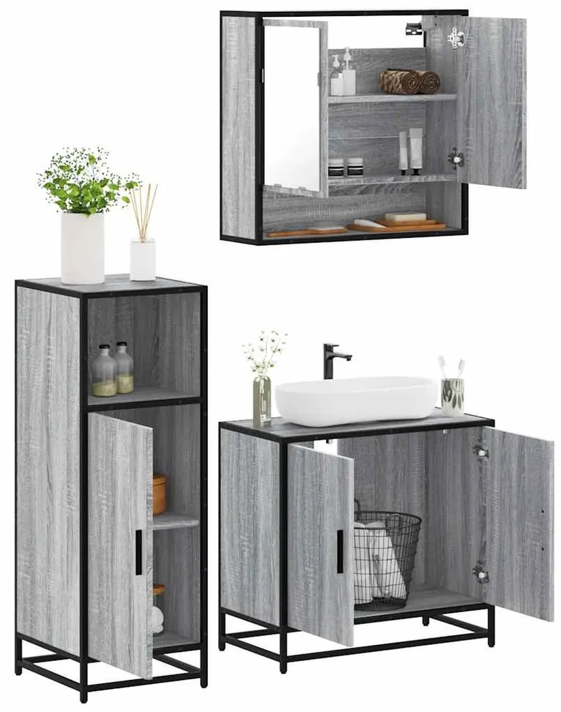 3 részes szürke sonoma színű szerelt fa fürdőszobai bútorszett