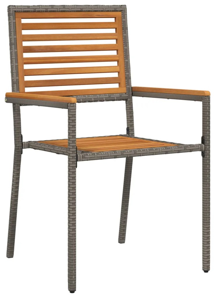 3 részes Kerti Étkező Garnitúra Szürke Poly Rattan Akác, Egymásra Rakható Kerti Székek Párnákkal 2 db Szürke Poly Rattan