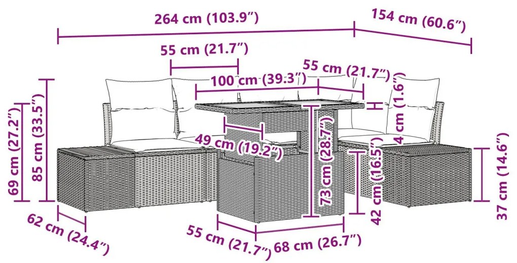 6 Darabos Kerti Étkezősor Párnákkal Bézs Poli Rattan Akáccal