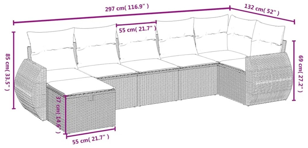 7 részes világosszürke polyrattan kerti ülőgarnitúra párnákkal