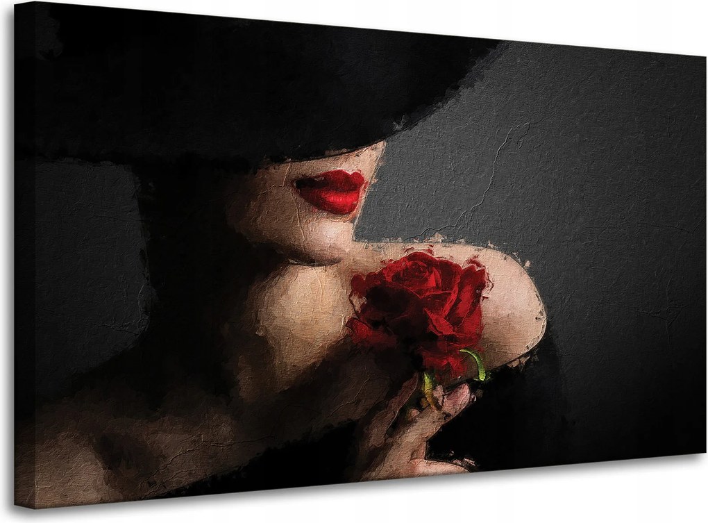 Vászonkép Nő vörös rózsával Piros ajkak Elegancia 100x60 cm