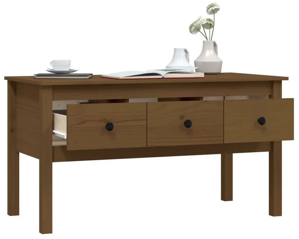 Mézbarna tömör fenyőfa dohányzóasztal 102 x 49 x 55 cm
