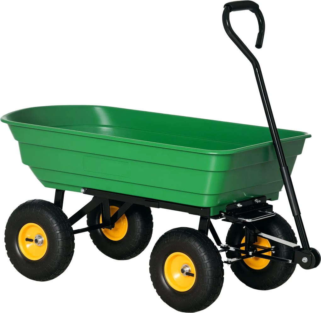 Outsunny Kerti Billenős Kocsi - 75 L Kapacitás, 200 kg Terhelhetőség, Szállító Kocsi, Strand Kocsi Acél Váz és 4 Léggel Töltött Kerekekkel Zöld | Aoso