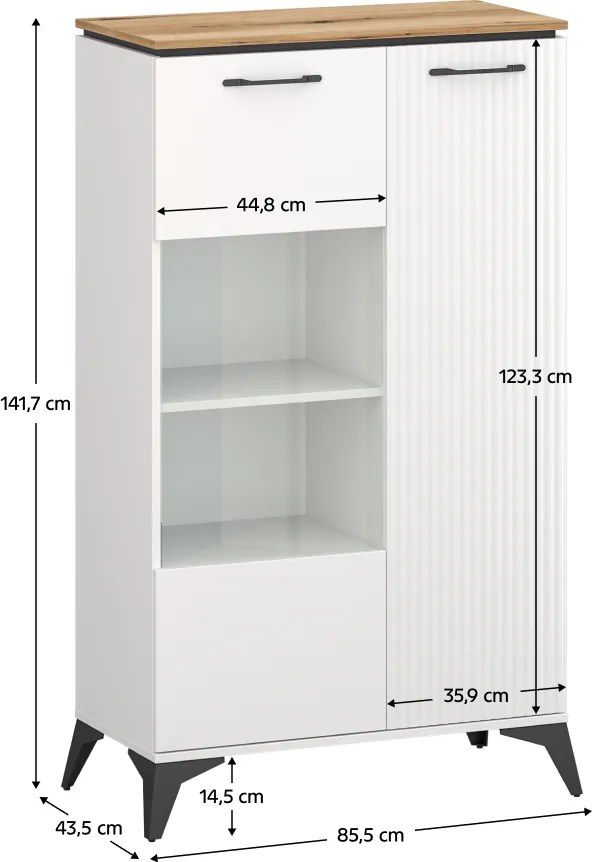 Alacsony vitrin, fehér/evoke tölgy, VELIS 1D1W