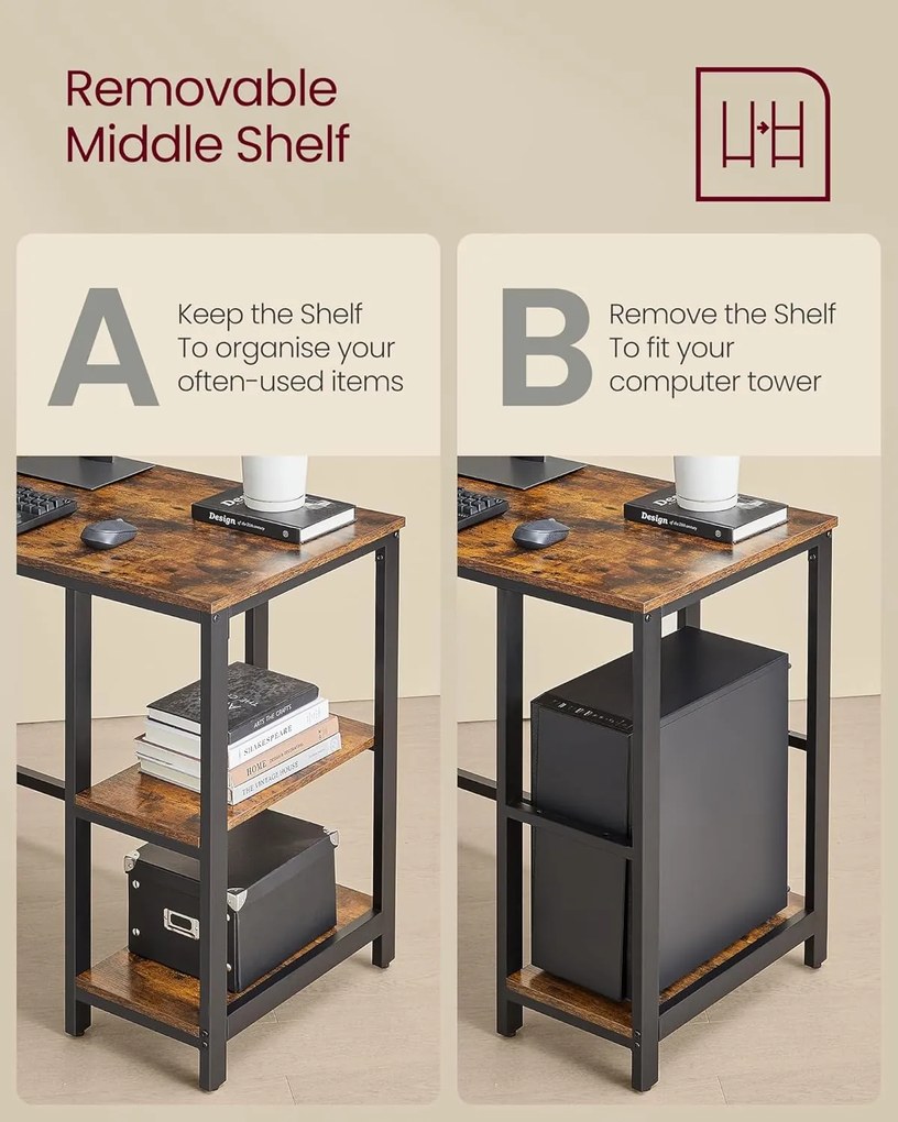 Számítógépasztal, L-alakú sarokasztal, 120 x 130 x 76 cm, rusztikus barna és fekete