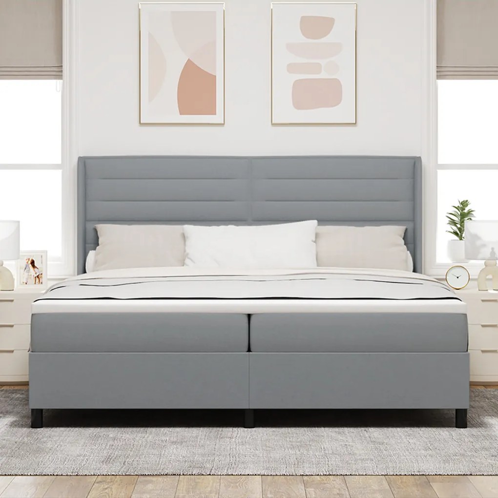 Boxspring Ágy Matrac &amp; LED Világosszürke 200x200 cm Szövet