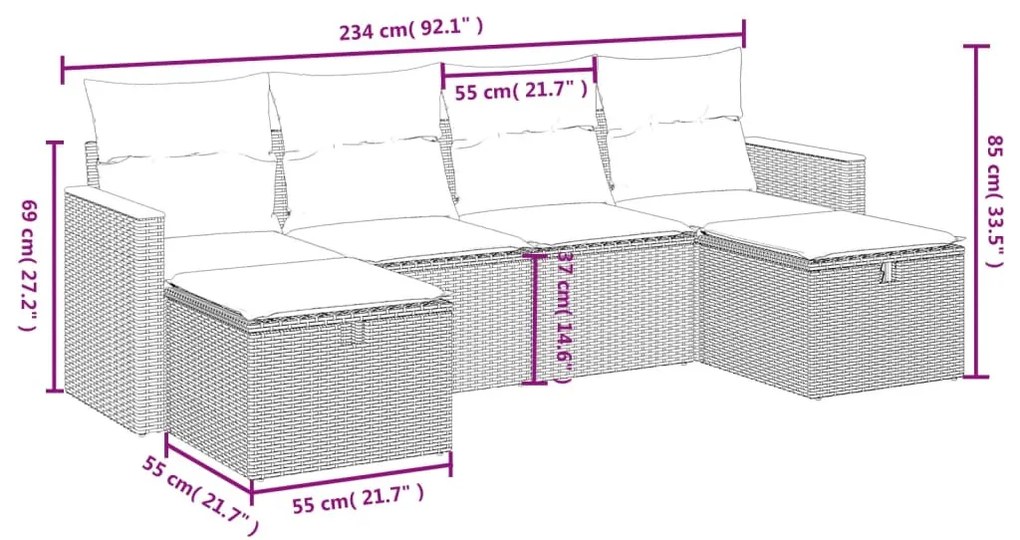 6 részes fekete polyrattan kerti ülőgarnitúra párnákkal