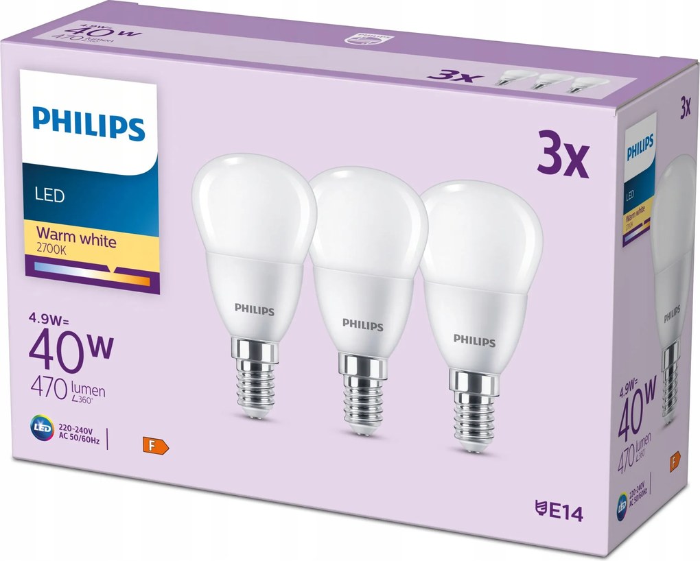 Led izzó Golyó E14 4.9W 40W 470lm 2700K Meleg Prémium Philips 3 db