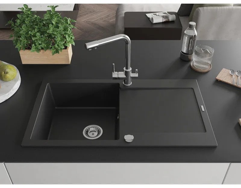 Mexen Leo, gránit mosogató 900x500x190 mm, 1 kamrás és Duero króm csaptelep, fekete, 6501-77-671600-00