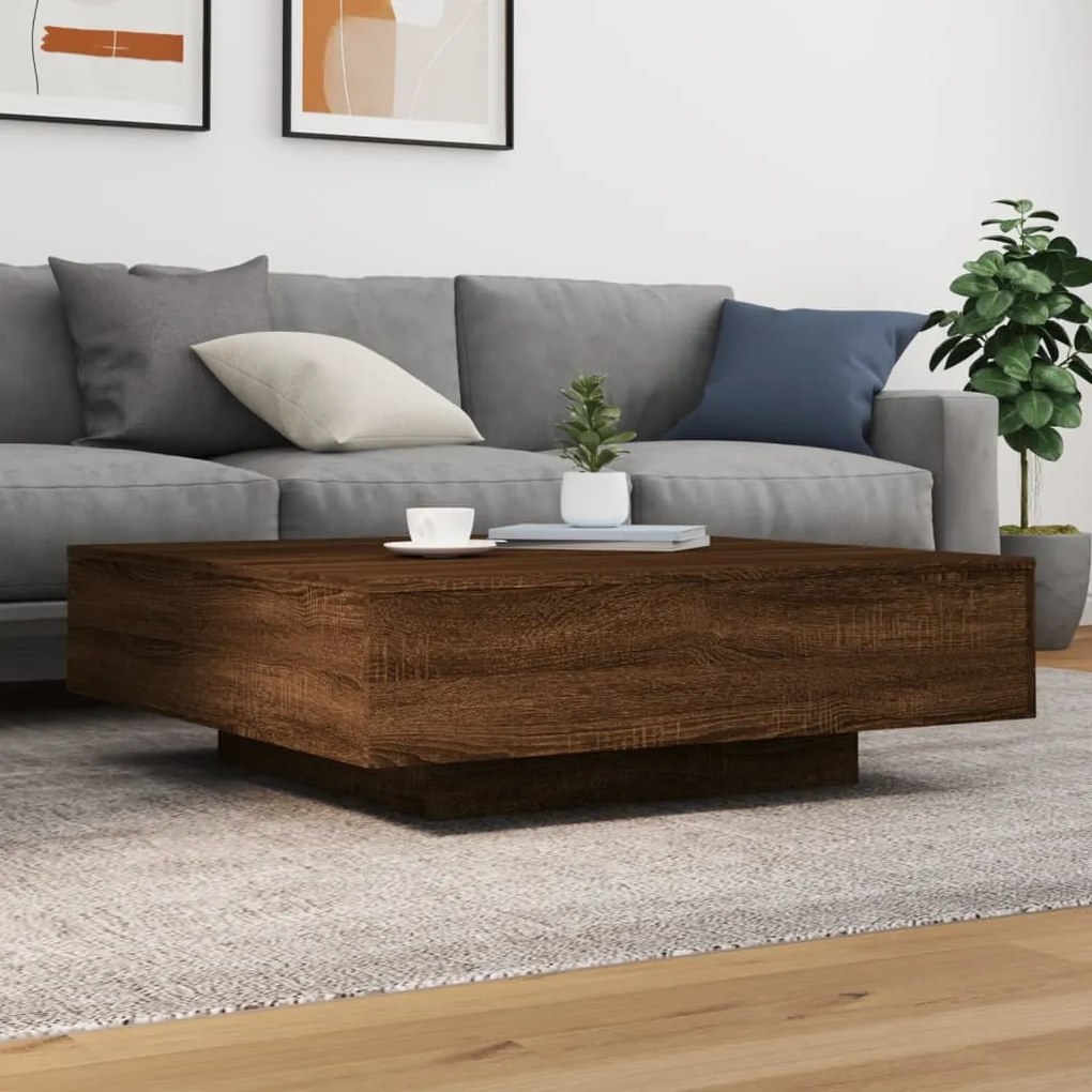 barna tölgyszínű dohányzóasztal LED-lámpákkal 100 x 100 x 31 cm
