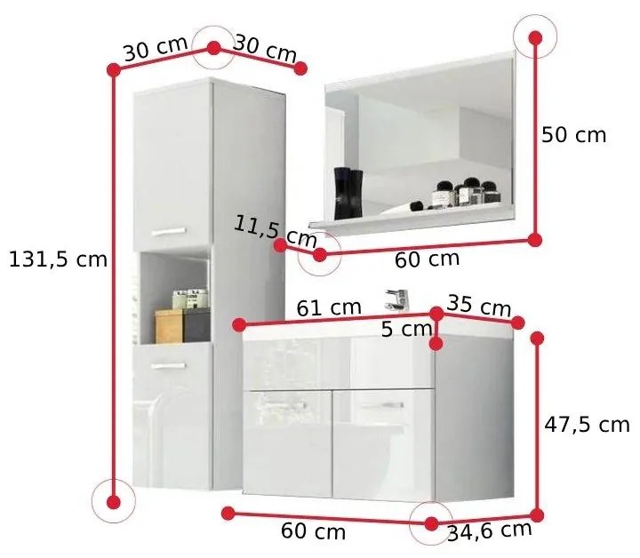 BOTTON fürdőszoba összeállítás mosdóval, fehér/magasfényű szürke
