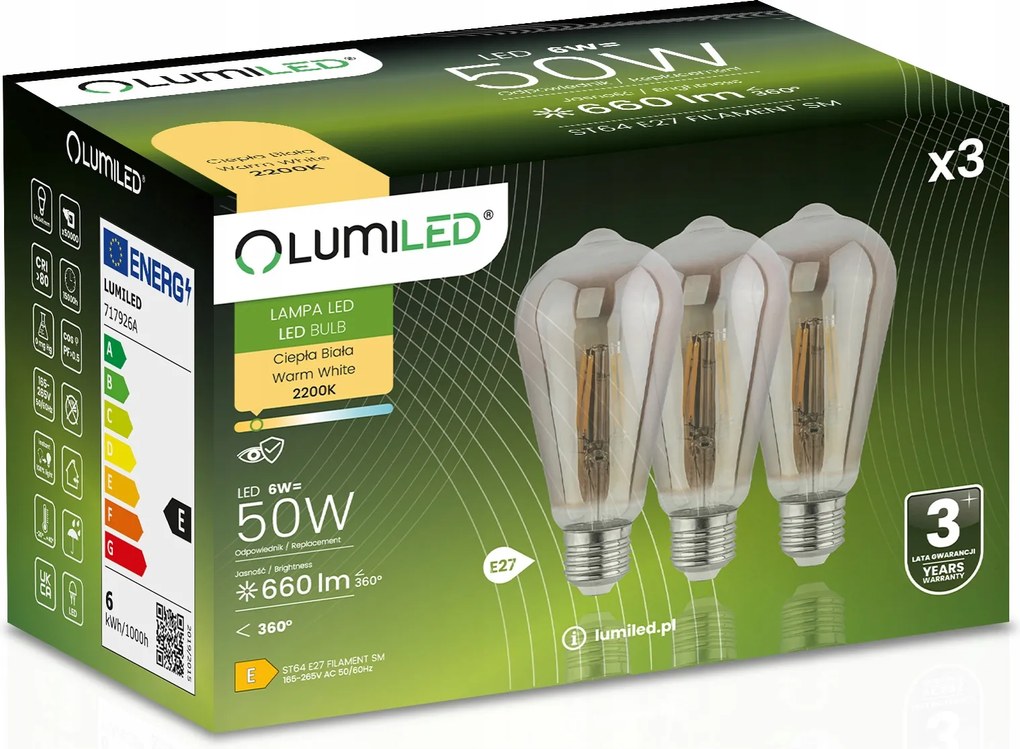 3x Led izzó E27 Edison ST64 6W Filament Dekoratív Retro Spirál Füst
