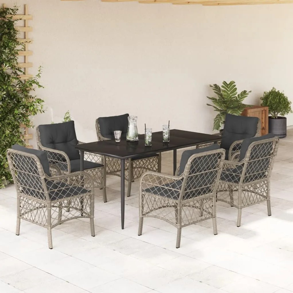 7 részes világosszürke polyrattan kerti étkezőszett párnával