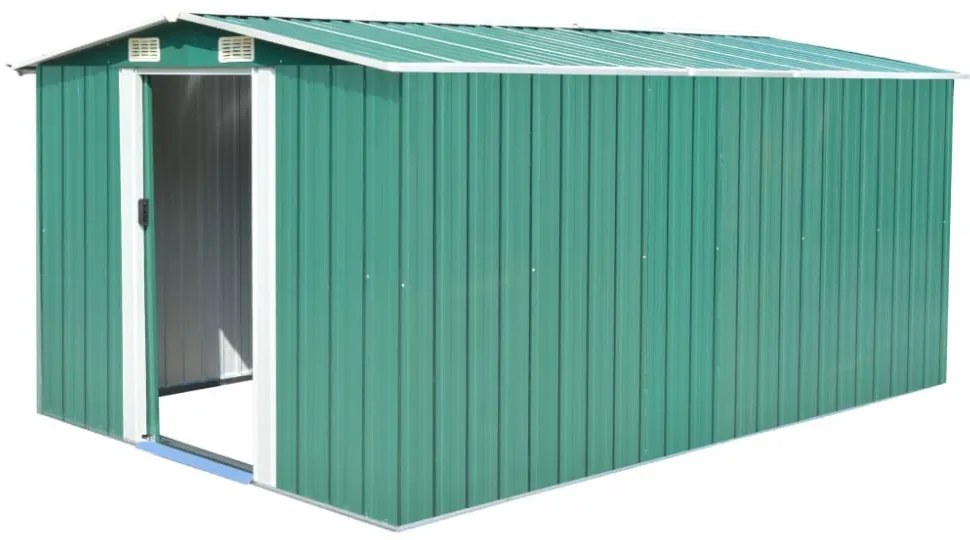 zöld fém kerti fészer 257 x 392 x 181 cm