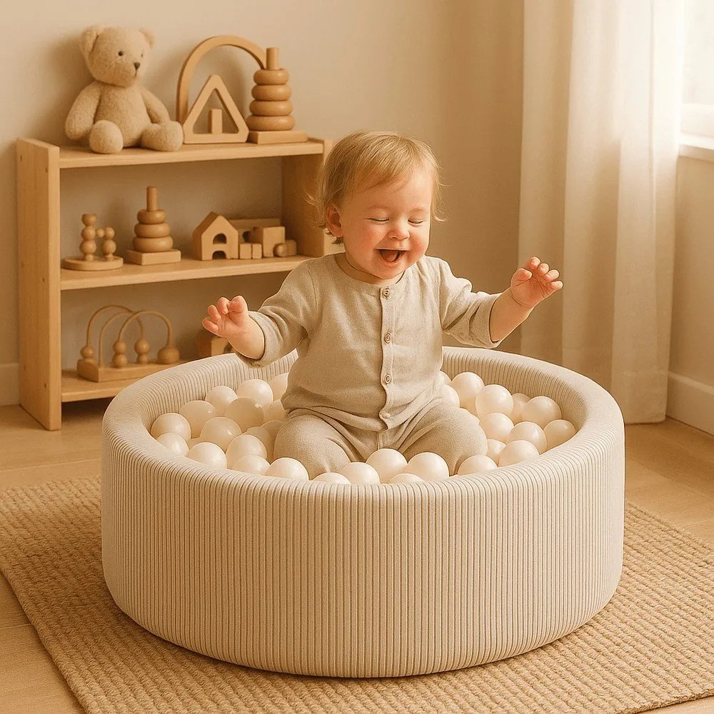 Krémszínű kordbársony labdamedence ø 90x30 cm Montessori – Meowbaby