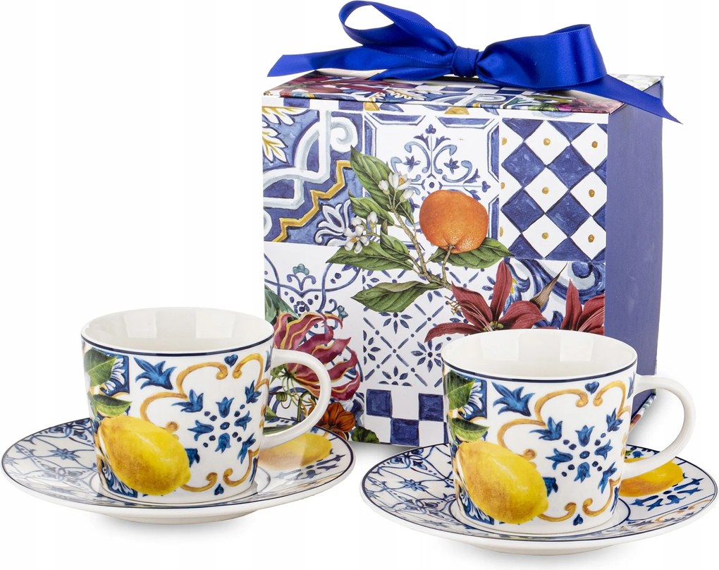 Porcelán bögrék 2 db-os szett két gyümölcs szett csészealjjal