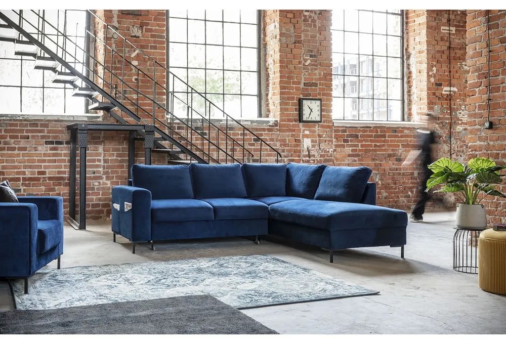 Sötétkék bársony kinyitható sarokkanapé (jobb oldali) Lofty Lilly – Miuform