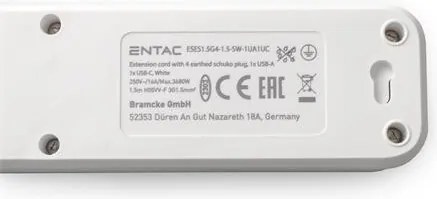 Elosztósor, 4 aljzat, 1,5 m, USB, kapcsolóval, ENTAC, fehér (ENTEL4K2U)