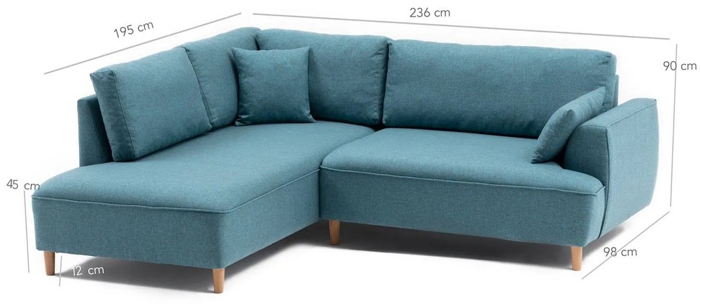 Design sarokkanapé Waldina 236 cm türkiz - bal oldalas