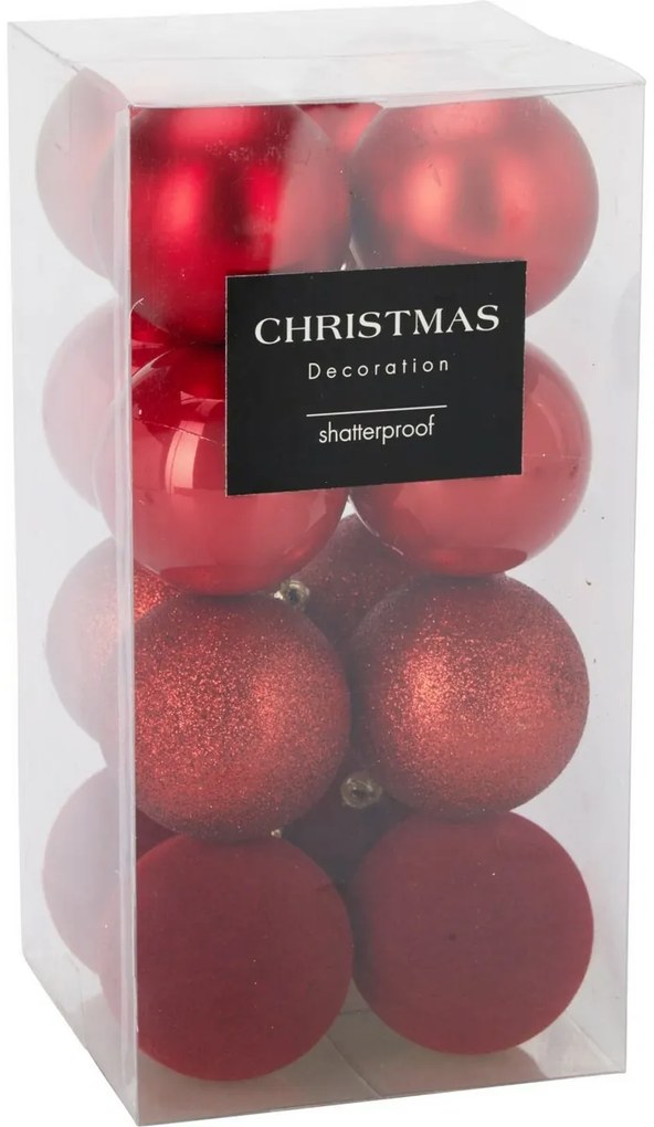 16 darabos karácsonyi díszkészlet FestiveSparkles, piros, átmérő 6 cm, műanyag, 6 cm átmérőjű