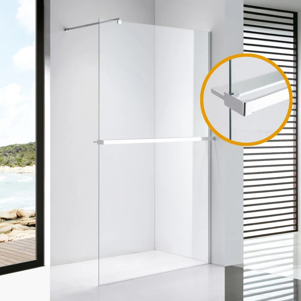 Stuxi Milano Plus Walk-in zuhanyfal, 130x200 cm, 8 mm vastag vízlepergető biztonsági üveggel, króm profillal, távtartóval, polccal és törölközőtartóval