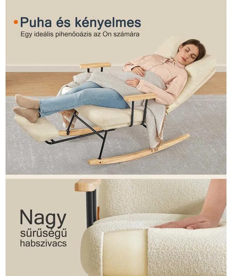 Hintaszék fa lábakkal, plüss szövettel, 4 fokozatban állítható háttámlával,  krémfehér