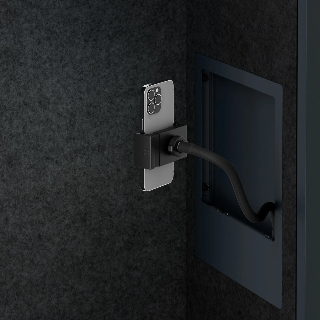 Irodai hangszigetelő fülke ülőkével és USB-C csatlakozóval, antracit színű váz / sötétszürke ülőke, 1150 mm: SALLY MentalBox