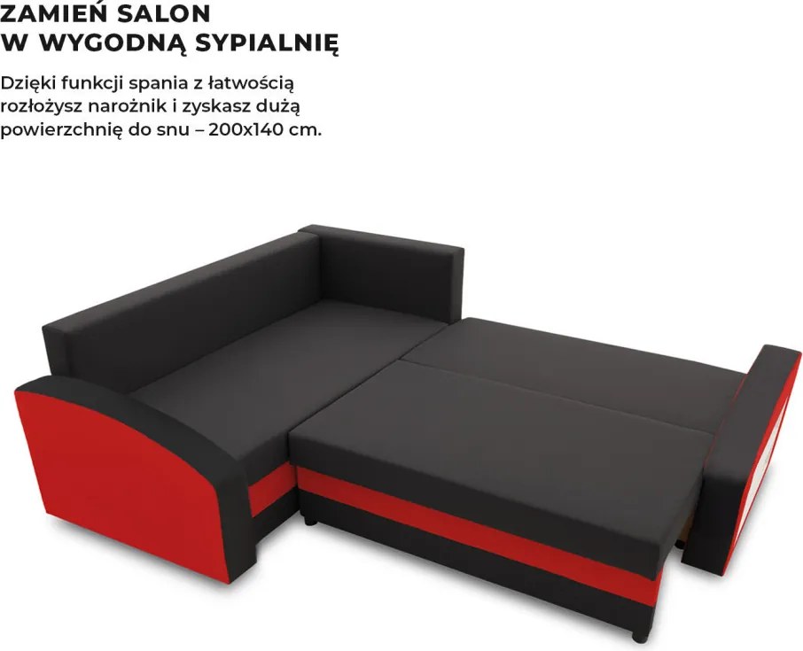 Grande sarokkanapé polcokkal , polc a jobb karfaban, baloldali, szövet anyag, hab töltet, fekete - piros