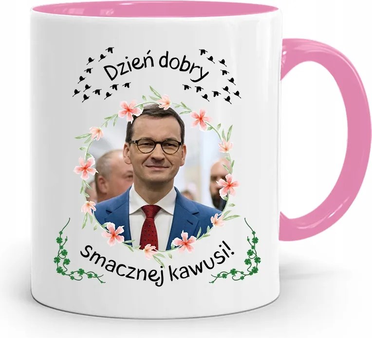 Rózsaszín Politikai Bögre Mateusz Morawiecki Miniszterelnök fényképes nyomtatással