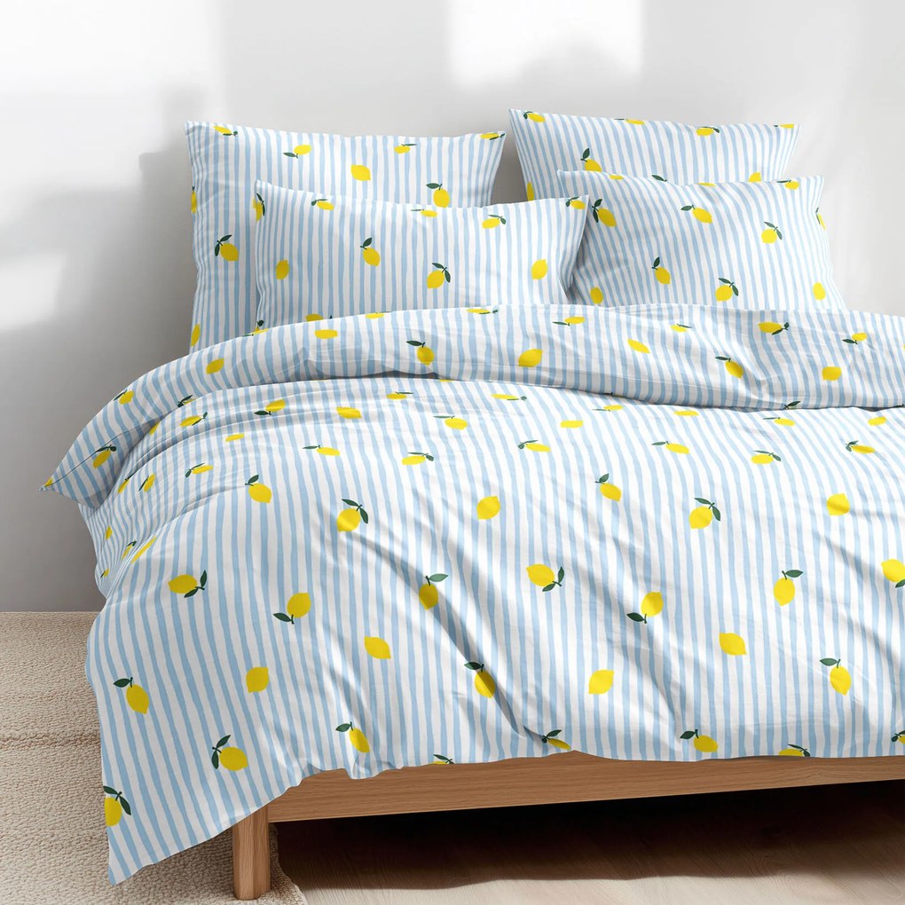 Goldea pamut ágyneműhuzat - friss citromok csíkokkal 240 x 220 és 2db 70 x 90 cm
