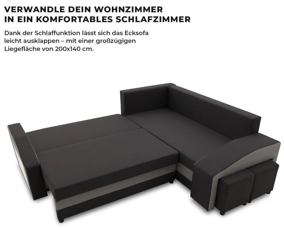 Grande sarokkanapé polcokkal és puffokkal , polc a bal karfaban puffok a jobb karfaban, jobboldali, szövet anyag, bonell töltet, fekete - szürke