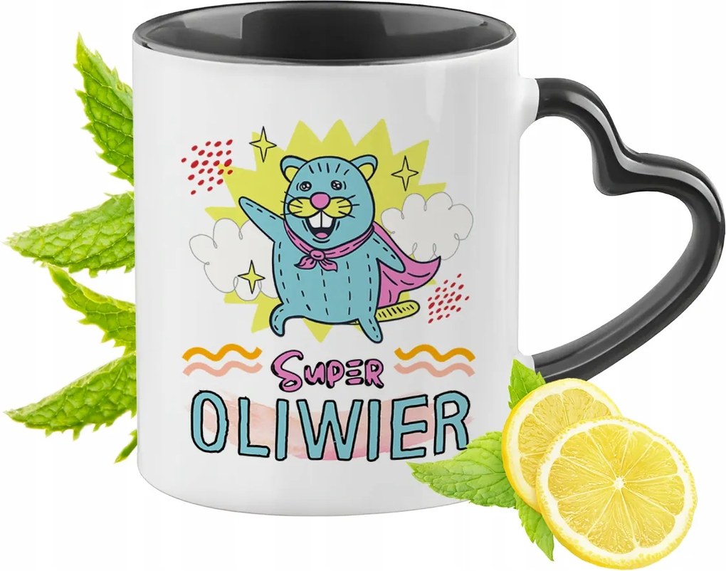 Fekete bögre szív alakú füllel Olivérnek Ajándék