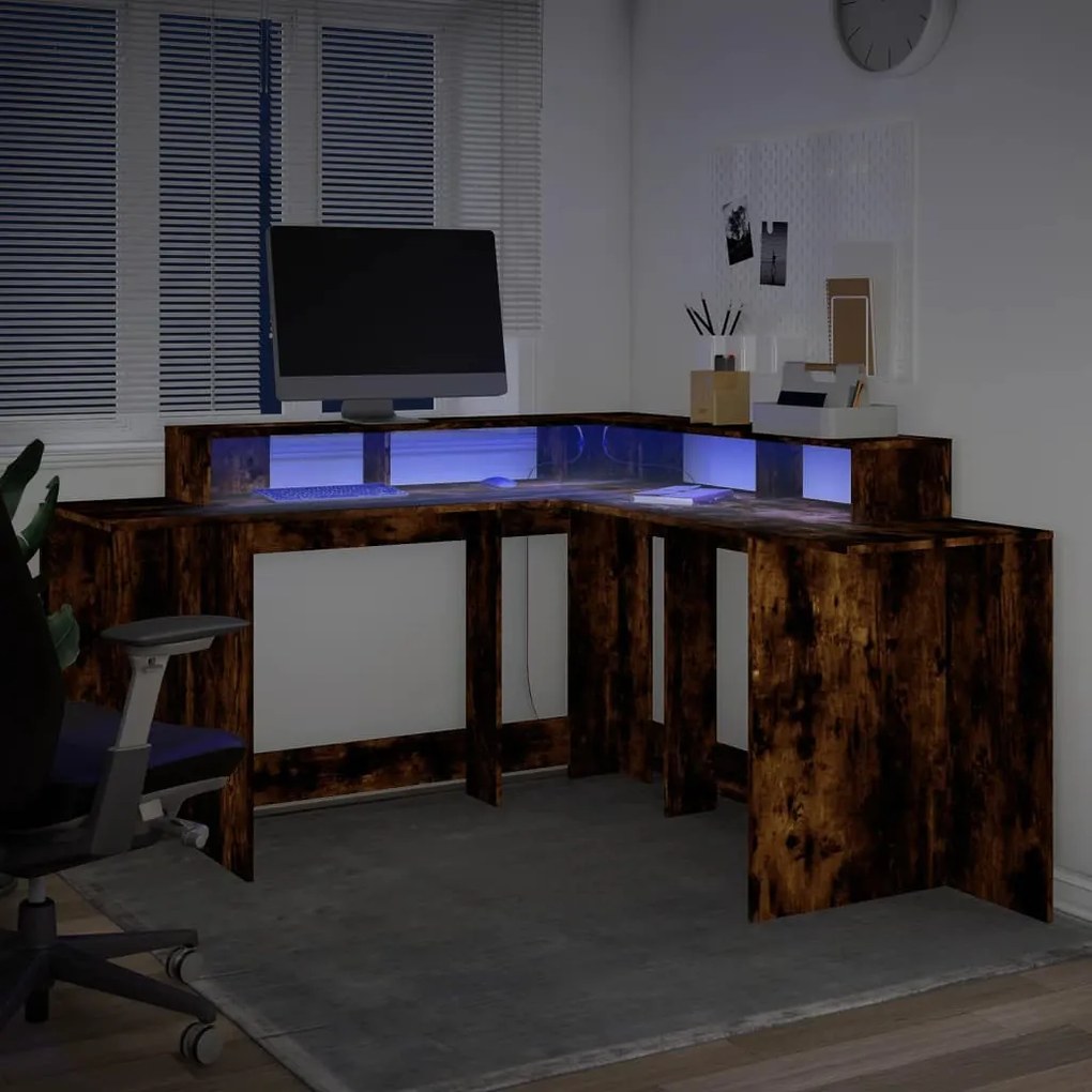 füstös tölgy színű szerelt fa íróasztal LED-ekkel 152x152x91 cm
