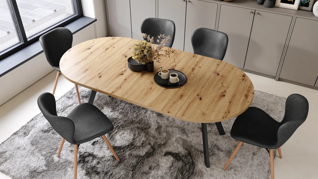 Mazzoni ALDO Artisan tölgy/fekete lábak - LOFT/IPARI STÍLUSÚ BŐVÍTHETŐ KEREK ASZTAL NAPPALIBA/ÉTKEZŐBE "Y" ALAKÚ LÁBAKKAL
