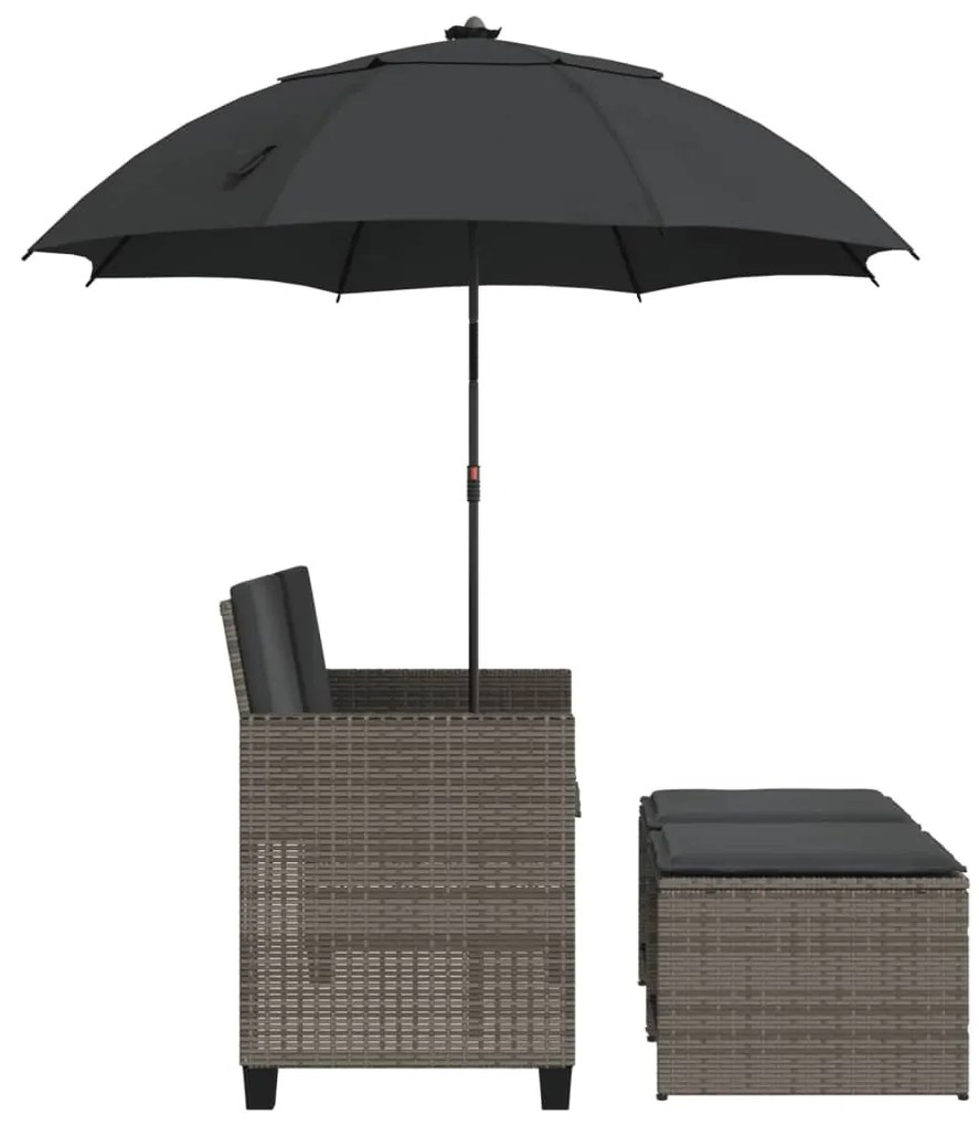 2 személyes szürke polyrattan kerti kanapé napernyővel/székkel