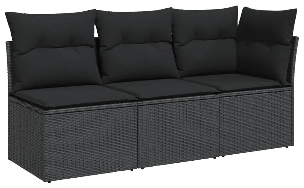 Fekete 3 személyes polyrattan kerti kanapé párnákkal