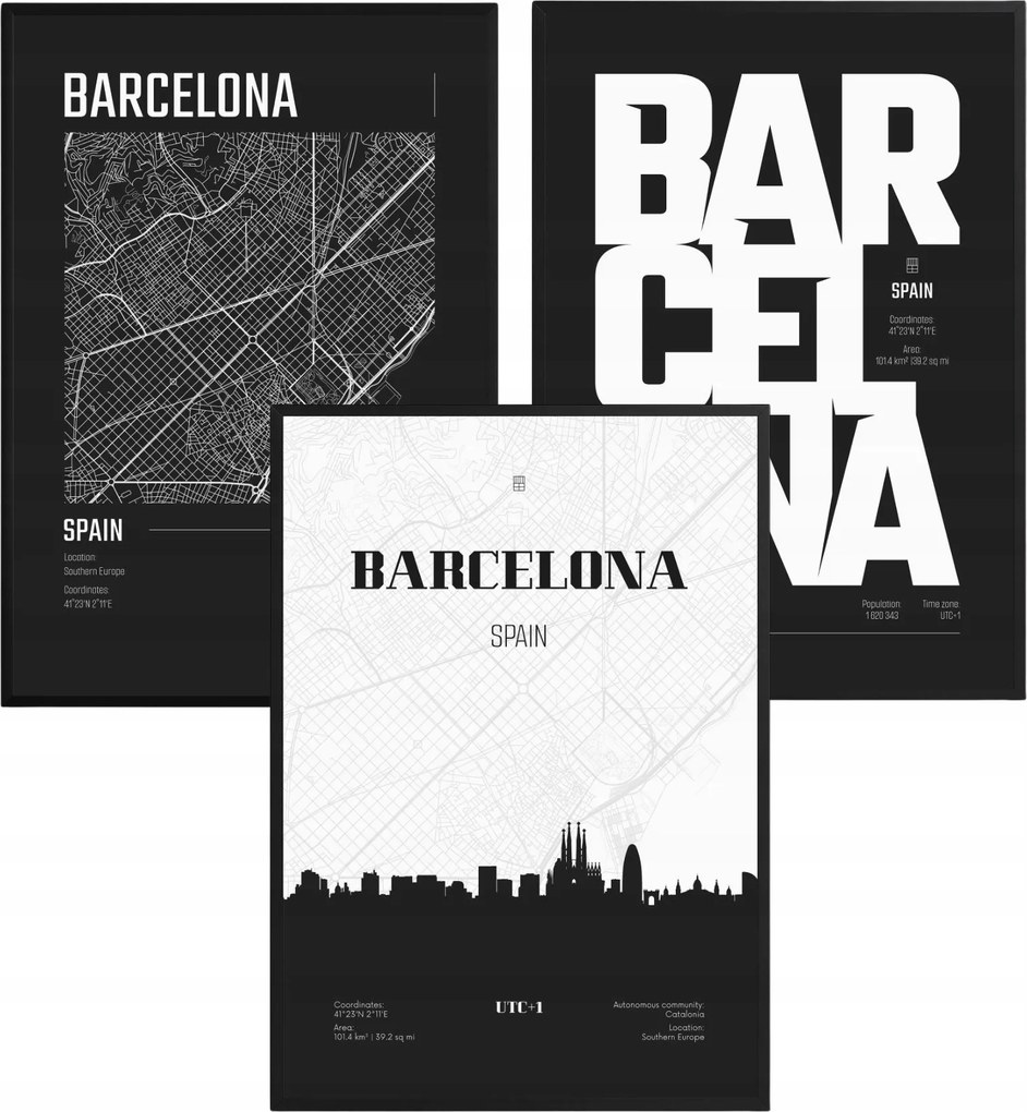 Barcelona Poszter Szett Térkép Panoráma Fekete-Fehér Képek Nappaliba 61x91