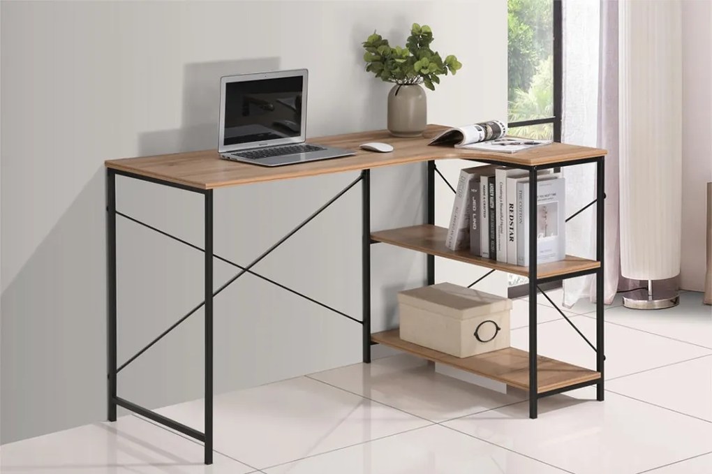 Intenso Home L alakú sarok íróasztal / számítógépasztal polcokkal 120x73cm | Masszív fém váz, fekete - Sonoma tölgy szín