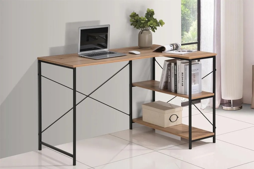 L alakú sarok íróasztal / számítógépasztal polcokkal 120×73 cm, masszív fém vázzal, fekete–sonoma tölgy – Intenso Home