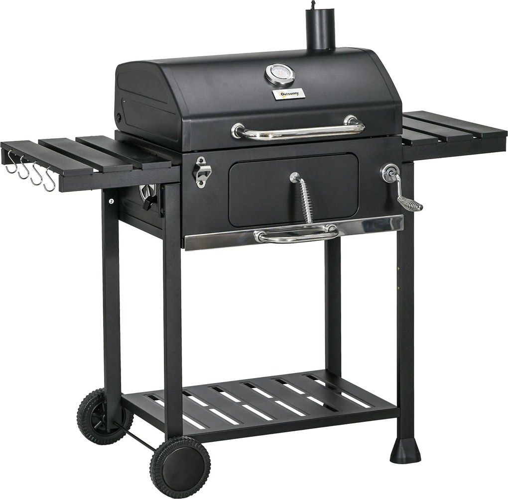Outsunny Szén-Grill, Kemping Grill Két Grill Rácsos, Összecsukható Oldalasztal, Grill Kocsi Polccal, BBQ Fogantyú, Rozsdamentes Acél, Fekete, 120 x 64