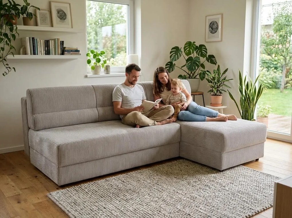 Kihúzható, kétoldalas L alakú kanapé TAVERO SLIM 201x140 cm, világos bézs